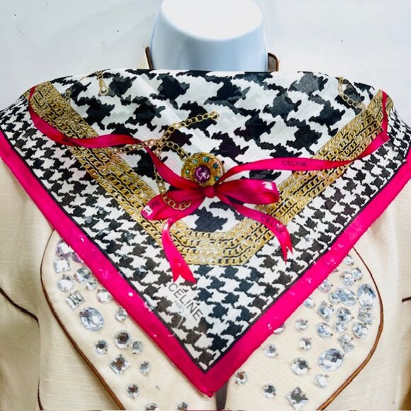 Unsed Celine , Cotton/Silk Mini Scar 19" white black gold bow pink bow trim(34) - Picture 6 of 8